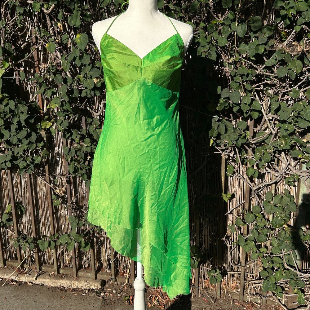 VTG Y2K Chris McLaughlin Asymmetrical Hem Halter Neck Fairy Dress 10 Green